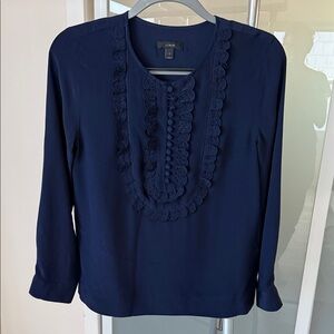 J.Crew Navy Silk Blouse with Eyelet Trim – Size 2